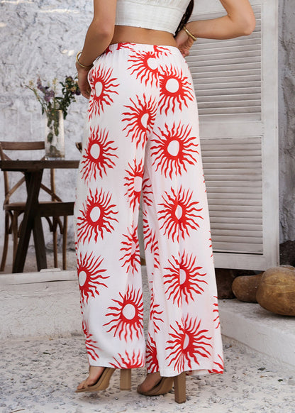 Pantalon d'été taille haute large et ample, motif tournesol rouge