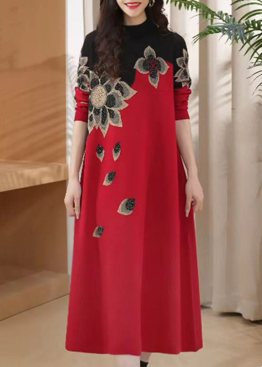 Loses rotes Rollkragen-Patchwork-Strickpulloverkleid Winter RF028