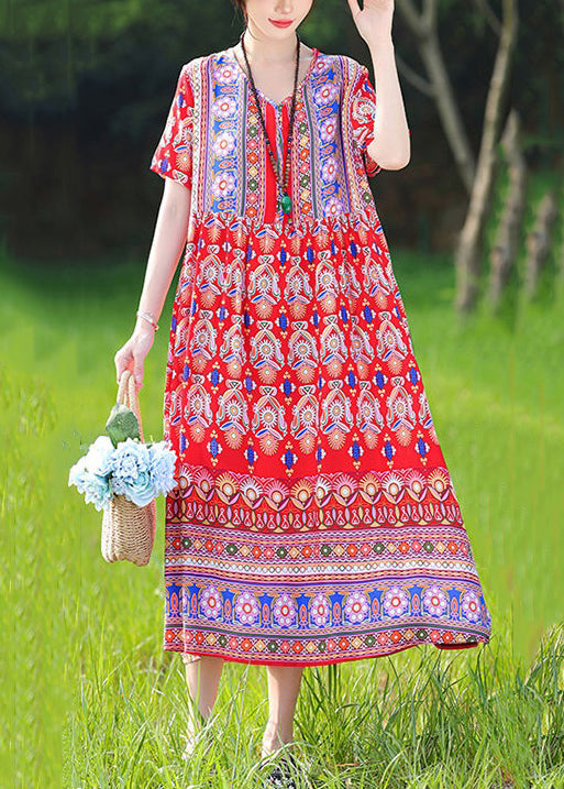 Loose Red V Neck Print Pockets Cotton Pajamas Dresses Summer MN067