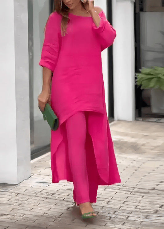 Solid Asymmetrical O-Neck Top Straight Two And Loose Rose Pants