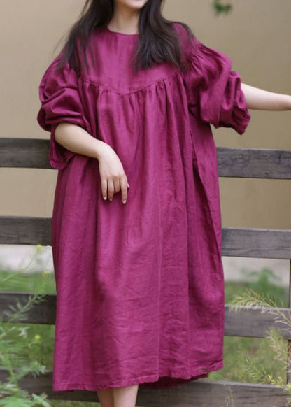 Loose Rose O Neck Button Solid Cotton Long Dress Fall WM025