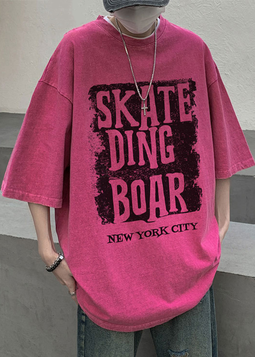 Baumwolle Letter Neck Shirt Halbarm Loose Rose O Men T