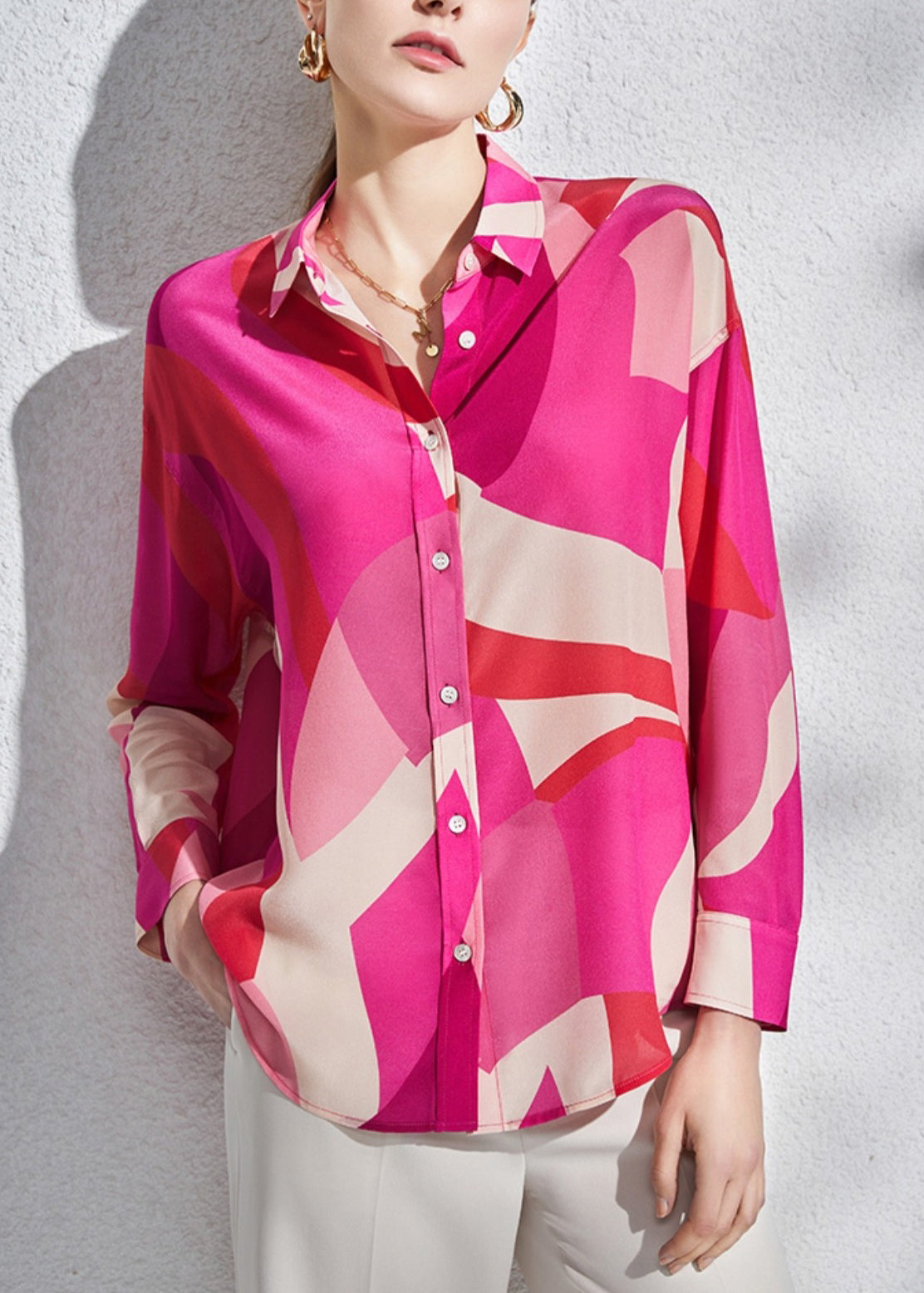 Loose Rose Peter Pan Collar Button Silk Shirts Long Sleeve Ada Fashion