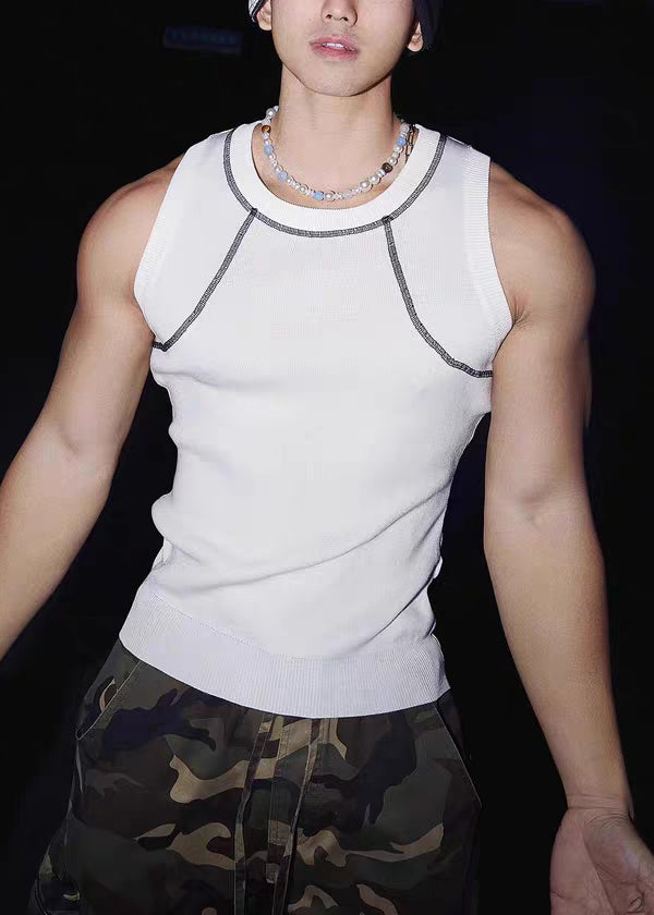 Blue Sleeveless Loose O Cotton Men Neck Patchwork Tank Solid Sky