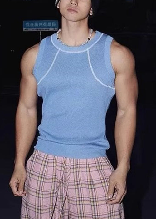 Blue Sleeveless Loose O Cotton Men Neck Patchwork Tank Solid Sky