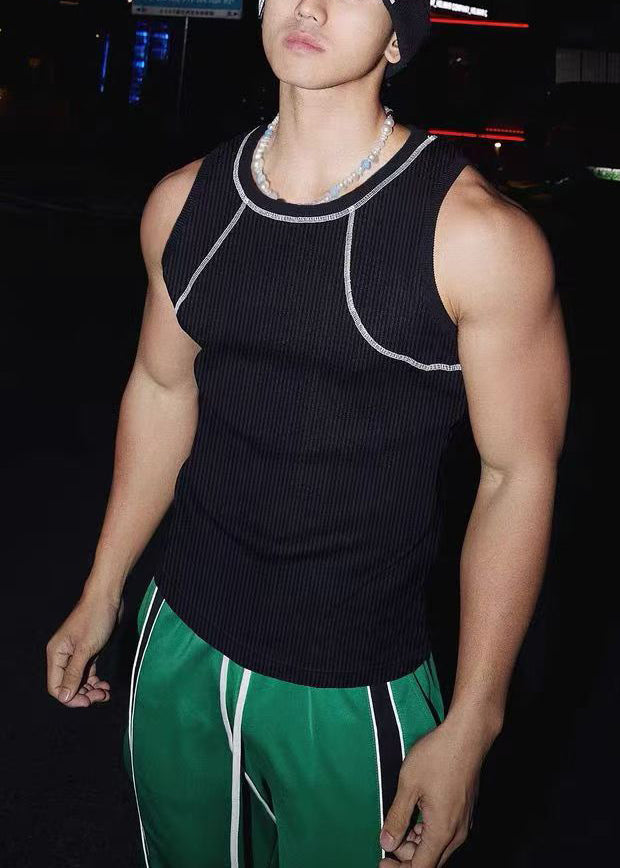 Blue Sleeveless Loose O Cotton Men Neck Patchwork Tank Solid Sky