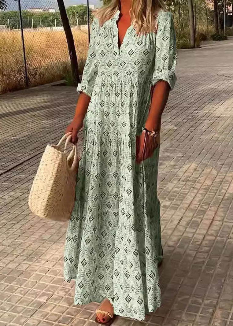 Loose Sky Blue V Neck Print Maxi Dresses Fall QA031