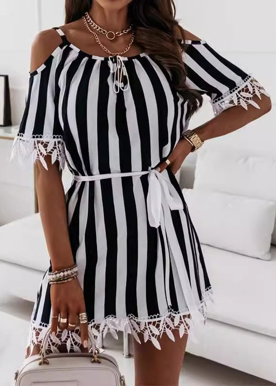 Loose Striped Lace Up Cotton Mid Dress Summer BB043