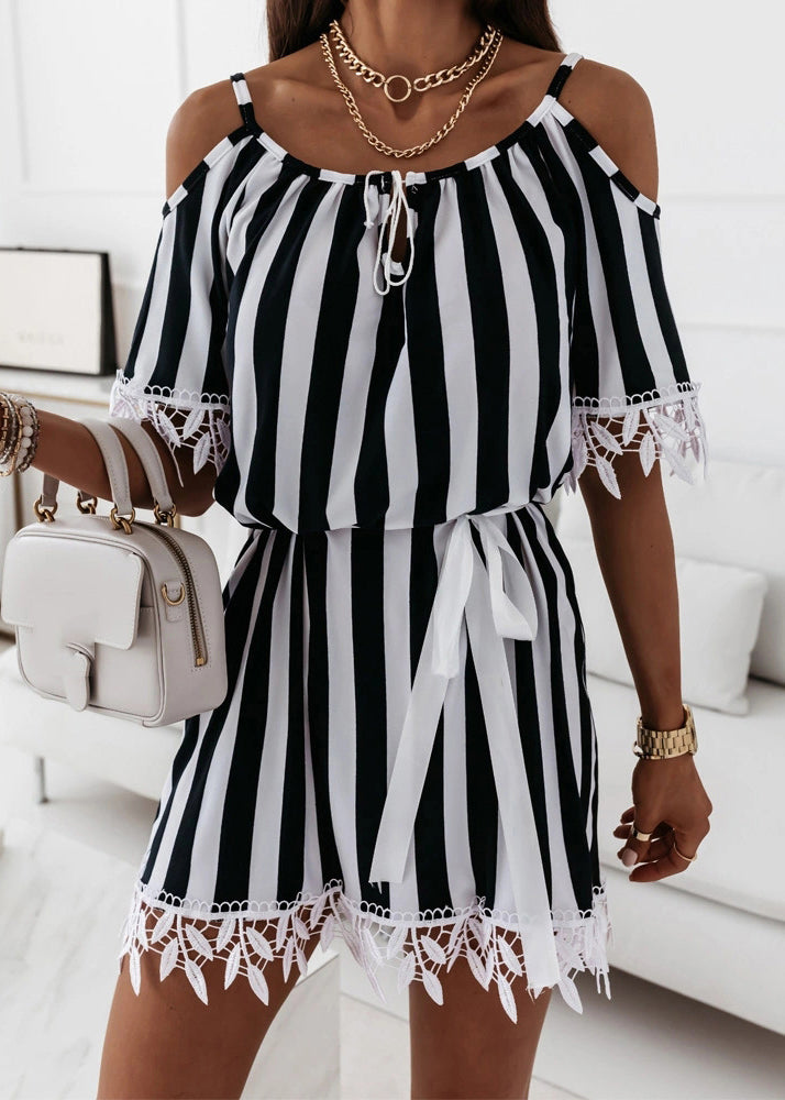 Loose Striped Lace Up Cotton Mid Dress Summer BB043