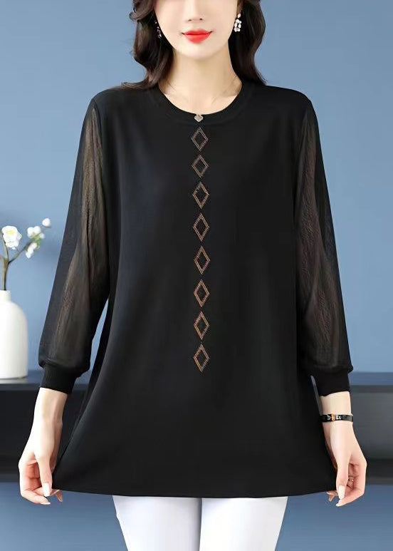 T-shirt ample à rayures et col rond en tulle et zircon, patchwork, printemps TB025
