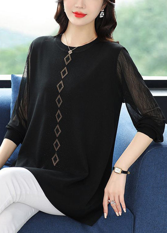 T-shirt ample à rayures et col rond en tulle et zircon, patchwork, printemps TB025