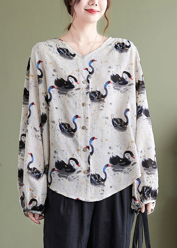 Loose V Neck Print Cotton Shirt Top Lantern Sleeve QA048