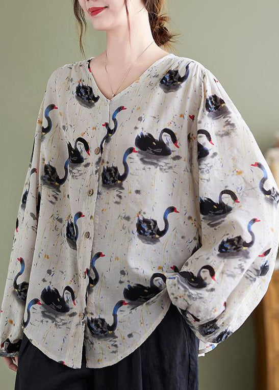 Loose V Neck Print Cotton Shirt Top Lantern Sleeve QA048