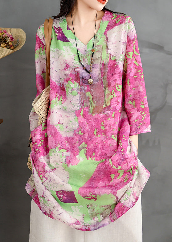 Kleid Ärmel Baumwolle Armband Shirts Hals Lose V Print