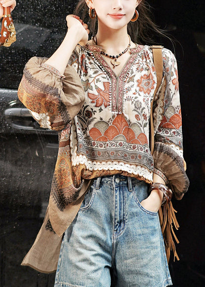 Lose V-Ausschnitt Print Low High Design Baumwolltops Herbst WX028