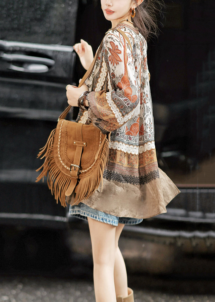 Lose V-Ausschnitt Print Low High Design Baumwolltops Herbst WX028