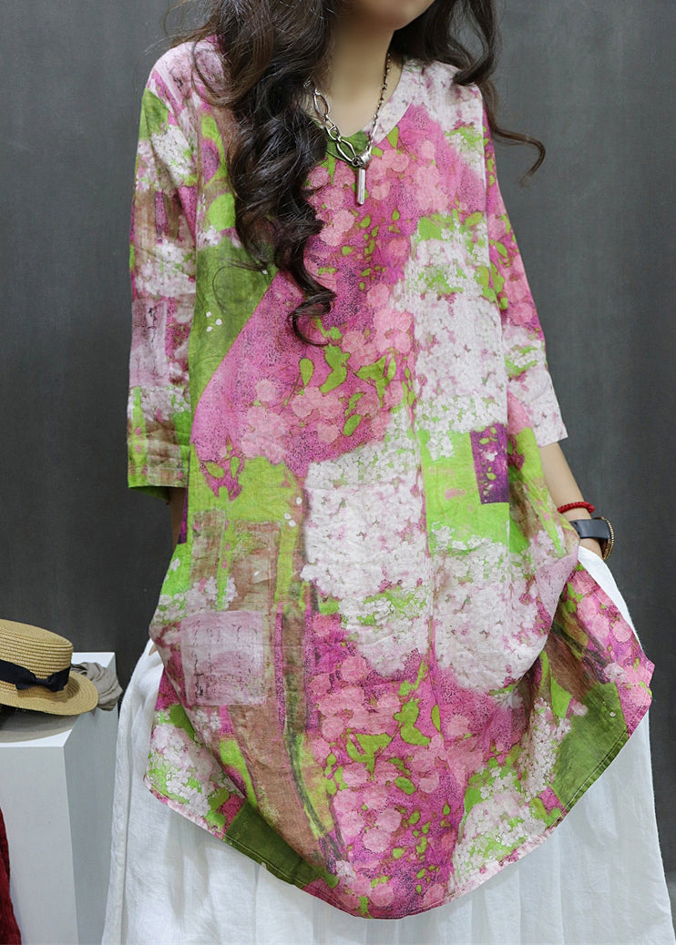 Loose V Neck Print Side Open Linen Shirt Half Sleeve GG058