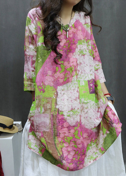 Loose V Neck Print Side Open Linen Shirt Half Sleeve GG058