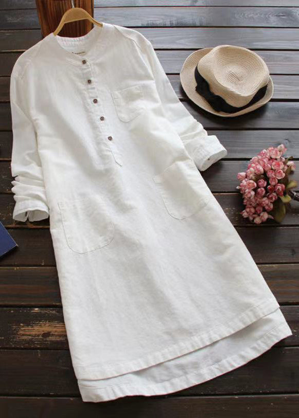 Loose White Button Pockets Linen Shirt Dresses Long Sleeve FF018