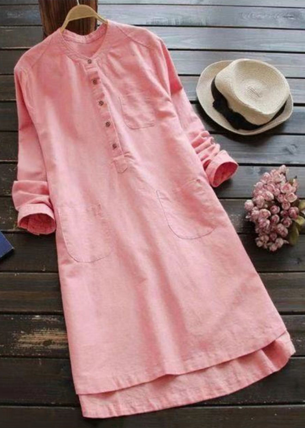 Loose White Button Pockets Linen Shirt Dresses Long Sleeve FF018