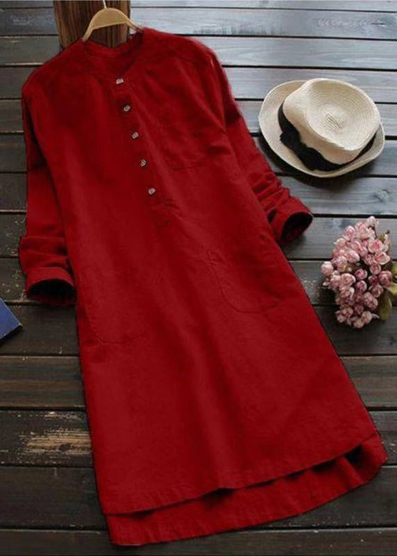 Loose White Button Pockets Linen Shirt Dresses Long Sleeve FF018