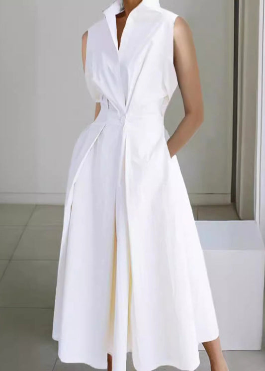 Ärmelloses Kleid mit Knöpfen, einfarbig, lockere Taschen, langes Kleid aus weißer Baumwolle