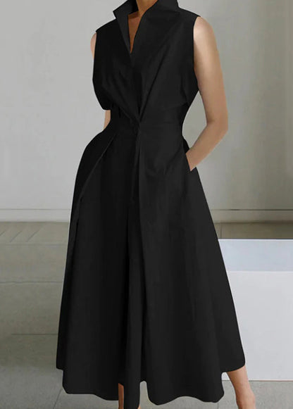 Ärmelloses Kleid mit Knöpfen, einfarbig, lockere Taschen, langes Kleid aus weißer Baumwolle
