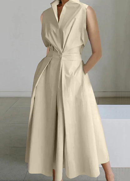 Ärmelloses Kleid mit Knöpfen, einfarbig, lockere Taschen, langes Kleid aus weißer Baumwolle