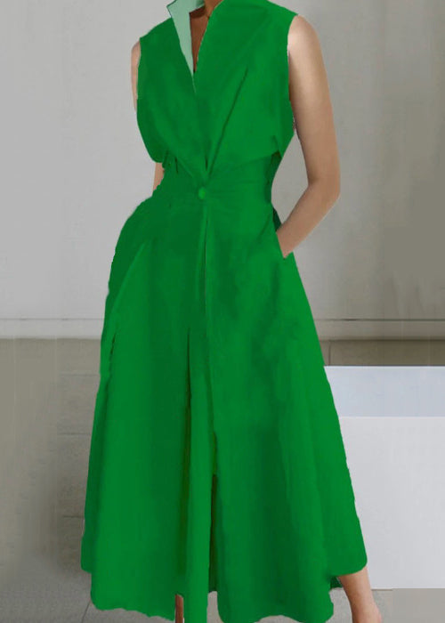 Ärmelloses Kleid mit Knöpfen, einfarbig, lockere Taschen, langes Kleid aus weißer Baumwolle
