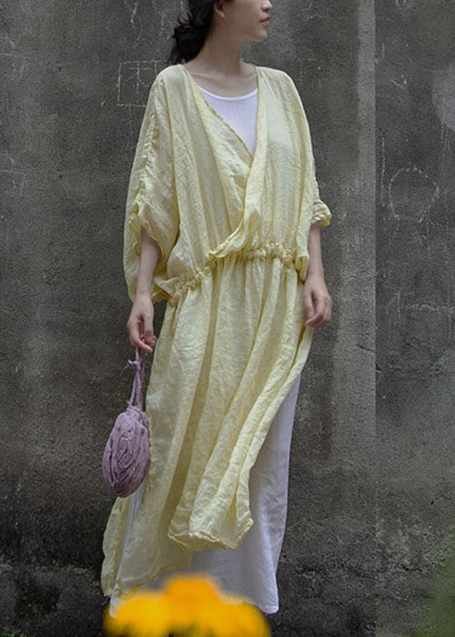 Lockeres weißes zweiteiliges Set aus Leinen mit seitlichem Kordelzug und halben Ärmeln MN093