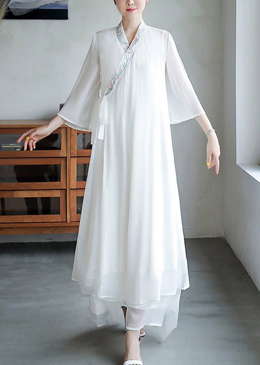 Loose White Embroidered Lace Up Chiffon Dresses Flare Sleeve OP1020