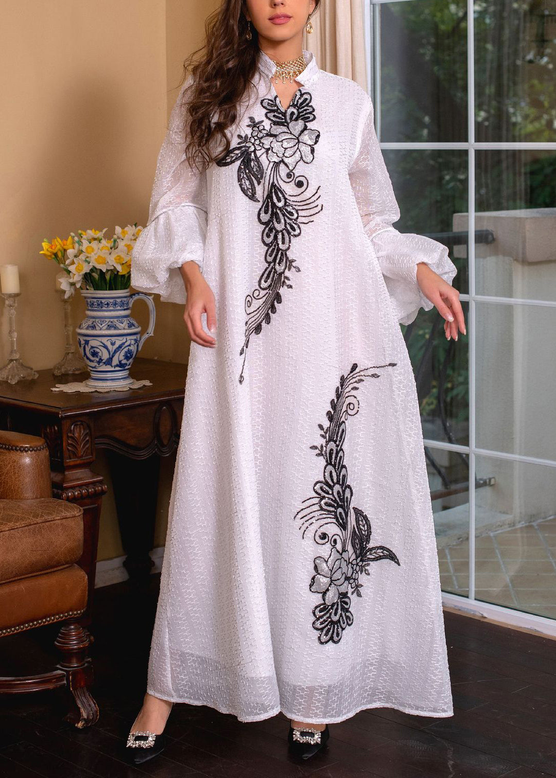 Loose White Embroidered Tie Waist Long Dresses Puff Sleeve AA1038