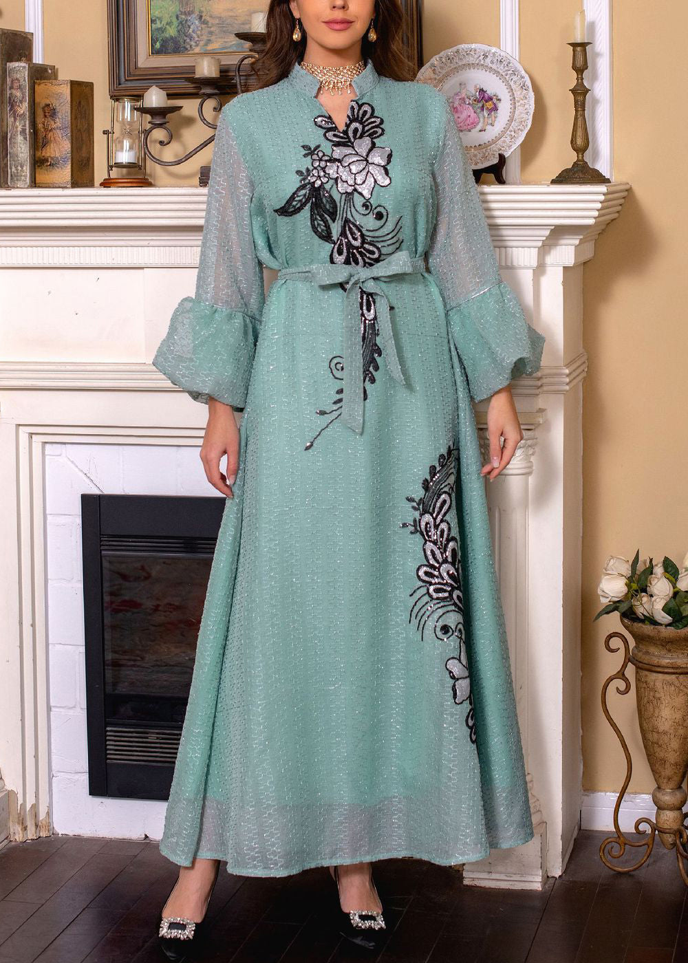 Loose White Embroidered Tie Waist Long Dresses Puff Sleeve AA1038