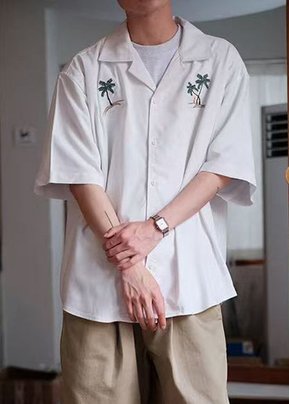 Button Summer Embroideried Shirts Cotton Loose White Men's