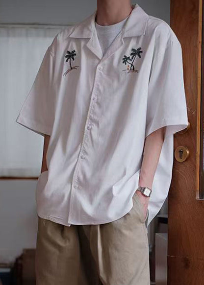 Button Summer Embroideried Shirts Cotton Loose White Men's
