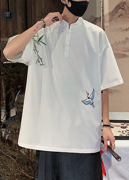 Kragen Baumwolle Lose Stand Weiß Halbknopf T Bestickte Hemden