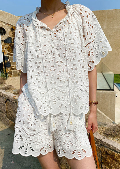 Ensemble deux pièces creuses en dentelle blanche pour l'été, en coton ample