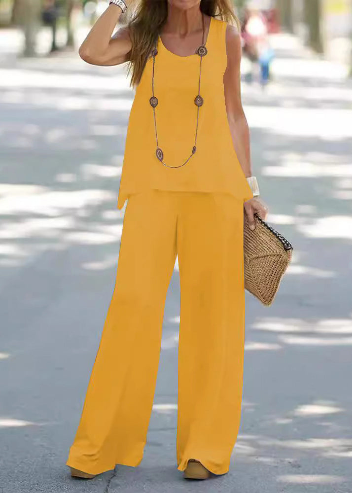 Loose Cotton White Out Two Solid Sleeveless Pieces Hollow Set