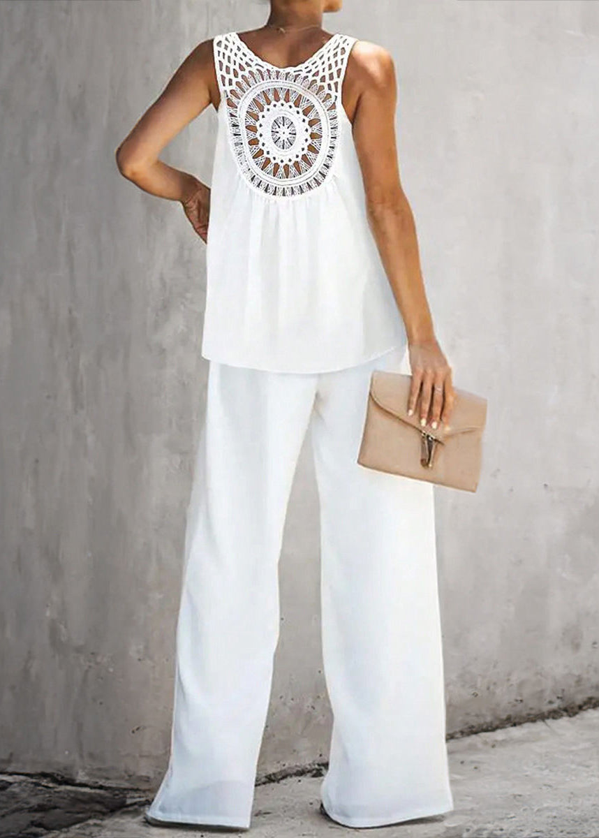 Loose Cotton White Out Two Solid Sleeveless Pieces Hollow Set