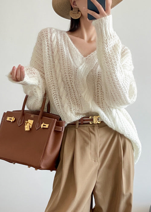 Loose White Hollow Out Solid Knit Sweater Winter WQ048