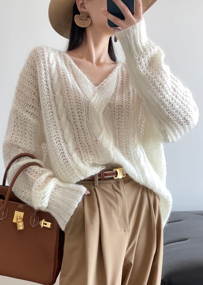 Loose White Hollow Out Solid Knit Sweater Winter WQ048