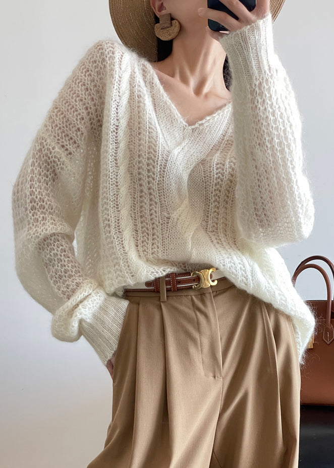 Loose White Hollow Out Solid Knit Sweater Winter WQ048