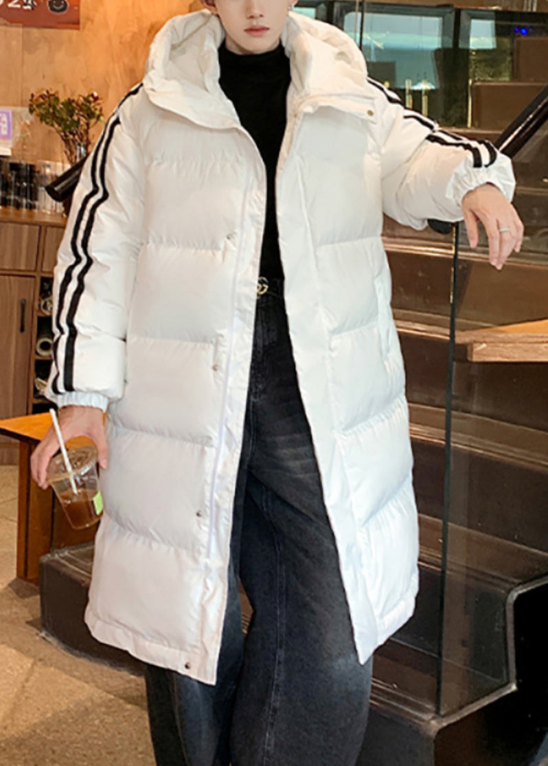 Loose White Hooded Striped Duck Down Men Down Long Coat Winter RM020