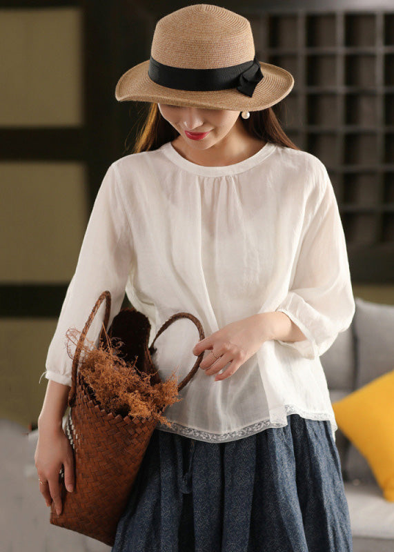 Summer Neck Tops Patchwork Shirt Loose O Lace White Linen