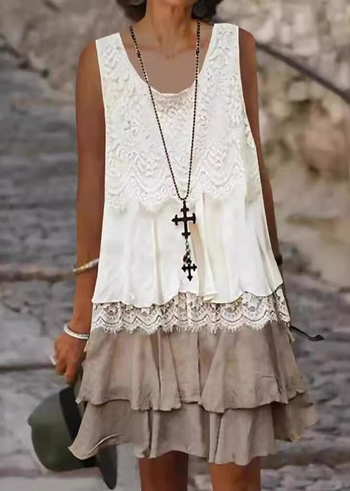 Loose White O-Neck Lace Patchwork Mid Dress Sleeveless FF056