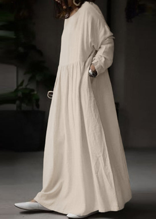 Loose White O Neck Solid Cotton Maxi Dress Long Sleeve FF053