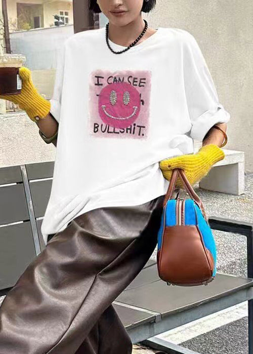 Loses weißes O-Ausschnitt-Baumwoll-T-Shirt mit Zirkonia für den Sommer OP1033