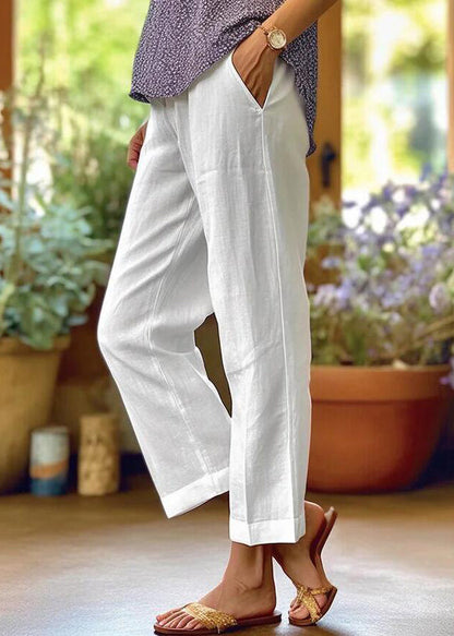 Pantalon court ample en coton à taille haute avec poches blanches et solides pour l'été QE050