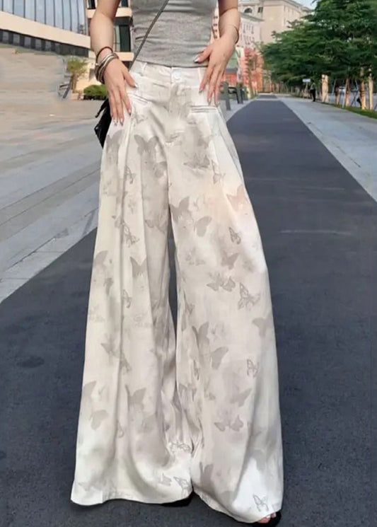 Pantalon large et haut d'été en soie imprimé blanc, coupe ample, taille haute, glace