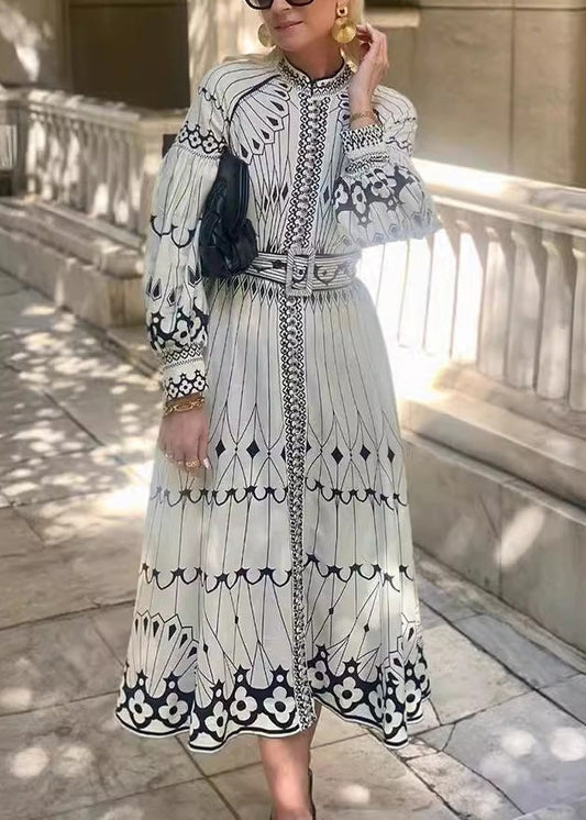 Loose White Print Sashes Cotton Dress Long Sleeve BB054